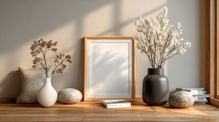 Modern Scandinavian room with warm cozy atmosphere, small blank 3:4 picture frame with white backing, minimalistic design, clean lines, natural light, and contemporary home decor.