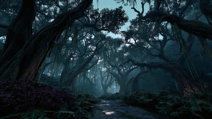 Dark enchanted forest with gnarled, shadowy trees reaching into a twilight sky, captured in a hyperrealistic ominous fantasy environment