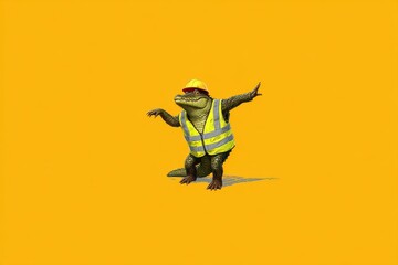 Fototapeta premium Crocodile Wearing Construction Vest and Helmet in a Bright Yellow Background