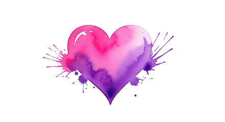 Watercolor heart with pink and purple gradient on a black background with paint splatter effects