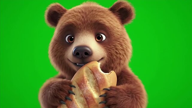 3D Render of Brown Bear Character Enjoying Bread Against Green Screen Backdrop Perfect for Visual Effects and Animation Composites on Adobe Stock Photo
