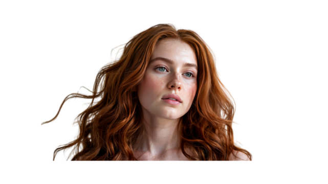 Beautiful Young Woman with Long Red Hair, Natural Makeup, and Freckles