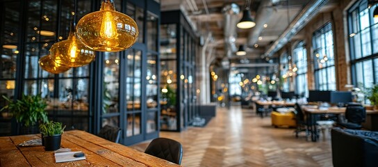 Industrial Co-working Space: High Ceilings, Large Windows & Wood Floors with Central Table, Golden Pendant Lights and Scattered Workstations