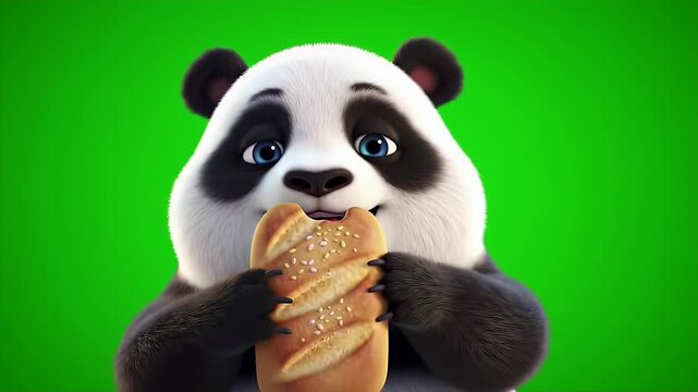 Panda Bear Enjoys Sesame Bread on Green Background Detailed Fluffy Fur Digital Illustration Adorable Cartoon Character Wildlife Scene