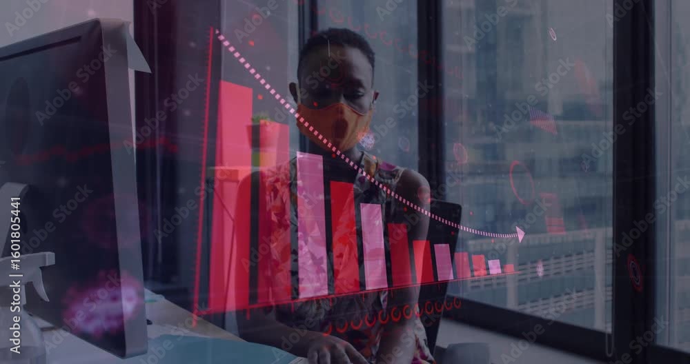 Poster data analyst positioning gloved hand on desk, invoking red bar chart overlay and analyzing decline