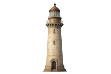 Weathered lighthouse rendering with realistic 3d detail, standing tall against transparent backdrop for nautical design applications