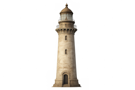 Weathered lighthouse rendering with realistic 3d detail, standing tall against transparent backdrop for nautical design applications