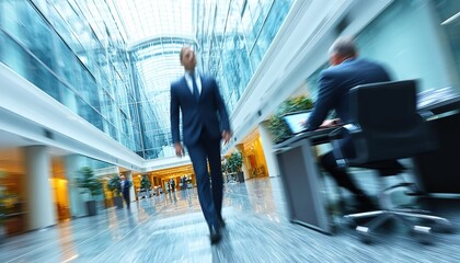 Modern Business Interaction: Professional Walking Past Boss on Phone in Glass Lobby, Motion Blur and Hyperrealistic Corporate Scene