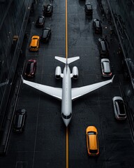 A private jet parked on a luxurious airport runway, surrounded by sleek vehicles,