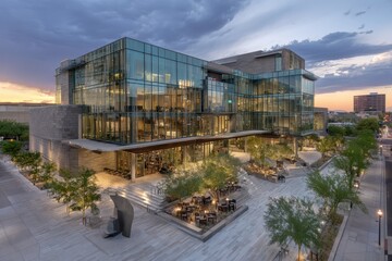 Fototapeta premium Facade of building architecture at twilight in city with urban landscape in background