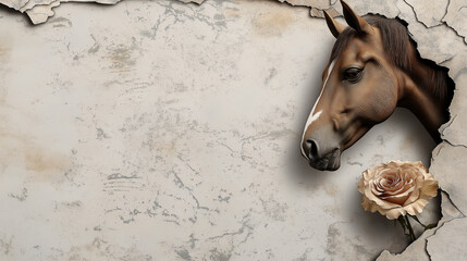 A horse’s head and a rose against a weathered, textured backdrop - Generative AI