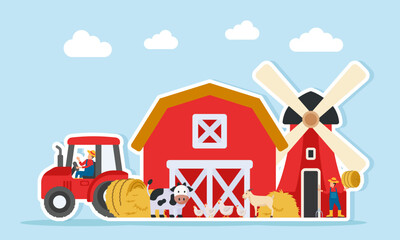 Farmer riding a tractor while another carries a pitchfork with hay rolls both near a windmill barn and livestock include cows goats and chickens illustration of food security independence