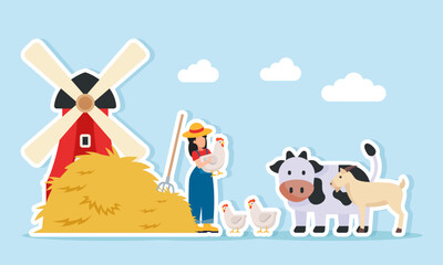 Farmer near a pile of straw and windmill building holding a chicken among several livestock such as cows and goats illustration of livestock land management