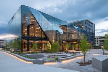 Obraz premium Modern glass building; employees working inside, dusk scene, place for collaboration