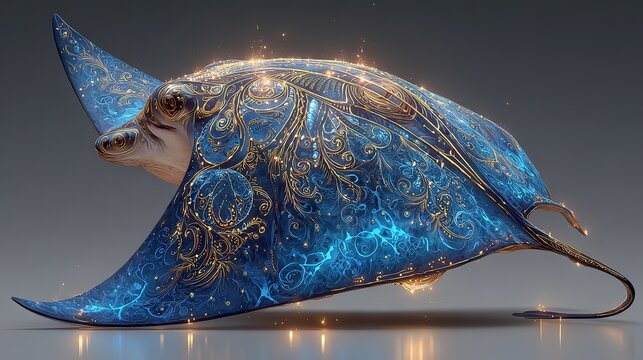 Intelligent Glowing Manta Ray in Abyss: Bioluminescent Neural Patterns Intertwined with Atlantis Ruins, Fantasy Realism Illustration


