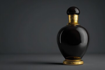 Ornate dark liquid bottle with gold accents on a dark gray surface