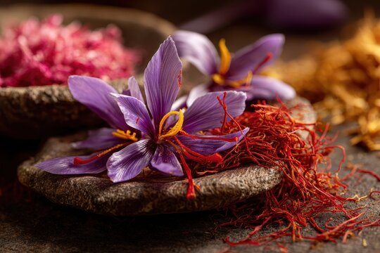Detail of saffron bloom and dried spice
