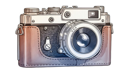 Illustration of a vintage camera with a leather case and silver details on a black background