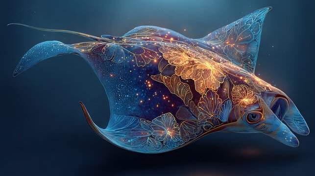 Intelligent Glowing Manta Ray in Abyss: Bioluminescent Neural Patterns Intertwined with Atlantis Ruins, Fantasy Realism Illustration

