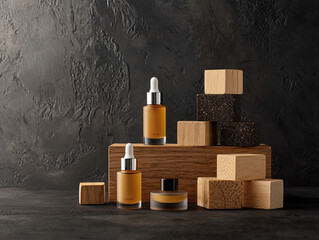 Elegant display of skincare products on wooden blocks against dark backdrop