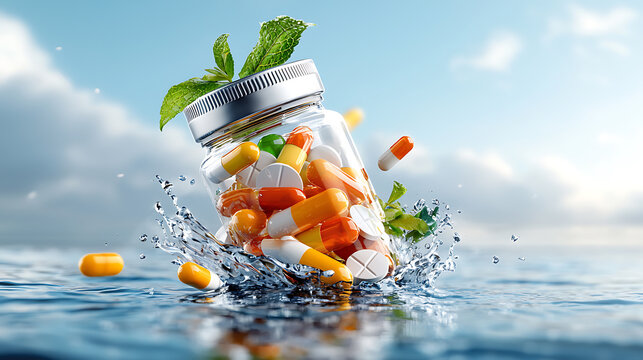 Vibrant capsule splash ocean surface pharmaceutical imagery serene environment dynamic viewpoint wellness concept