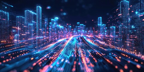 Fototapeta premium construction, buildings, tower design, connect, city made of glowing data points, flowing like streams of information