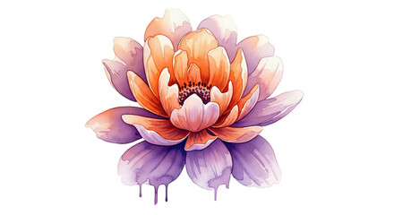 Watercolor illustration of a flower with orange and purple petals on a black background isolated 100