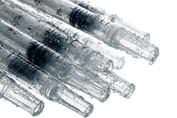 Close-up of several syringes covered in water droplets.