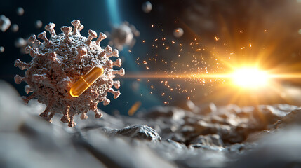 Covid-19 virus particle interacting with medicine capsule outer space digital art scientific environment macro view health concept