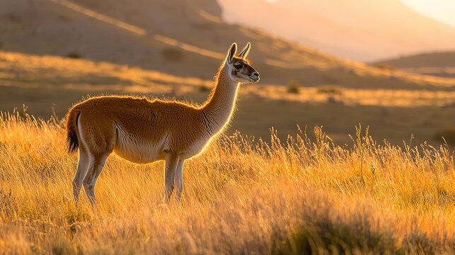 A wild guanaco stands in golden grasslands, illuminated by warm sunlight in a mountainous landscape.