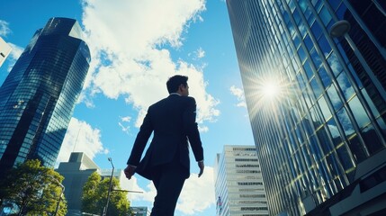 都市のビル街を歩くビジネスマンのシルエット