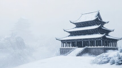 Fototapeta premium Traditional pagoda in a snowy landscape, with another pagoda faintly visible in the misty background.