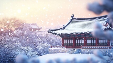 Traditional East Asian architecture surrounded by snow-covered trees during a gentle winter snowfall at dusk.