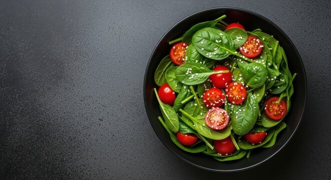 Photo of a fresh spinach and cherry tomato salad sprinkled with sesame seeds