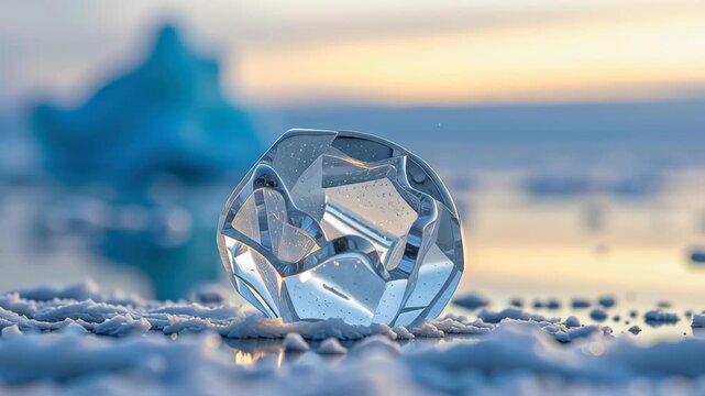 Stunning iceberg field in distance showcases crystal clear ice sculpture resting on frozen surface, reflecting serene beauty of natures artistry