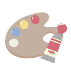 木のパレットと絵の具のセット｜画材イラスト