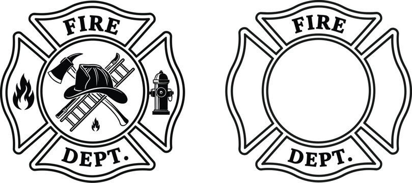 Firefighter Maltese Cross Emblem with Axe Helmet Hydrant and Flames