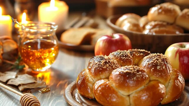 Honey challah bread with apples and honey on a wooden table during a festive evening gathering in autumn