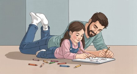 Father and Daughter Drawing Together in Cozy Living Room