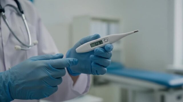 A doctor in blue gloves holds a thermometer showing 127 degrees