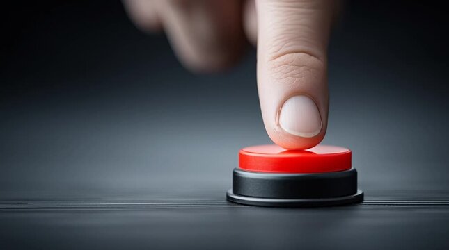 Pressing Decision: A close-up shot captures a finger poised to press a bright red button, suggesting a critical moment of decision.