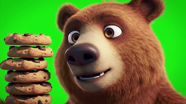 Animated Brown Bear Holding Stack of Chocolate Chip Cookies on a Green Screen Backdrop Detailed Render of Playful Animation Suitable for Clip Art and Design Element
