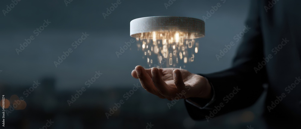 Poster digital knowledge filtering concept with person's hand and sieve of data light particles