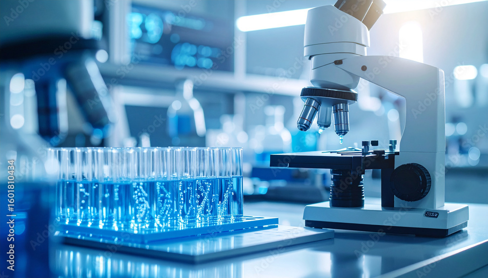 Poster microscope in laboratory: a cutting-edge laboratory environment, with a detailed view of a powerful 