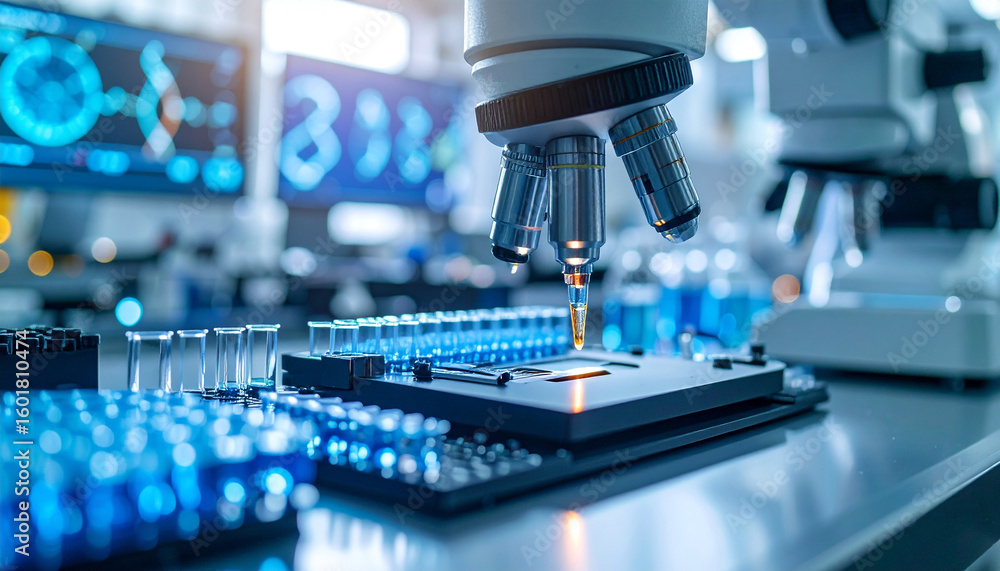 Poster microscope precision in science: a close-up view of a laboratory, featuring a state-of-the-art micro