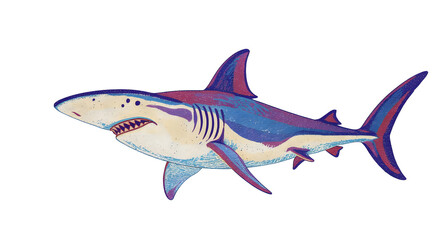 Obraz premium Digital Pixel Art of a Great White Shark with Blue and Purple Coloring on a Transparent Background