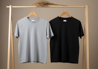 Two plain t-shirts, one gray and one black, hang on wooden hangers from a light wood clothing rack against a neutral background with dried flowers.
