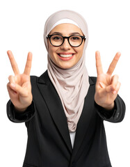 Smiling woman in hijab and glasses makes a peace sign gesture isolated on transparent background.