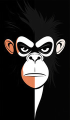 Stylized gorilla face with intense gaze in black white and orange tones