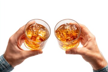 Two hands hold glasses filled with an ambercolored beverage and ice cubes